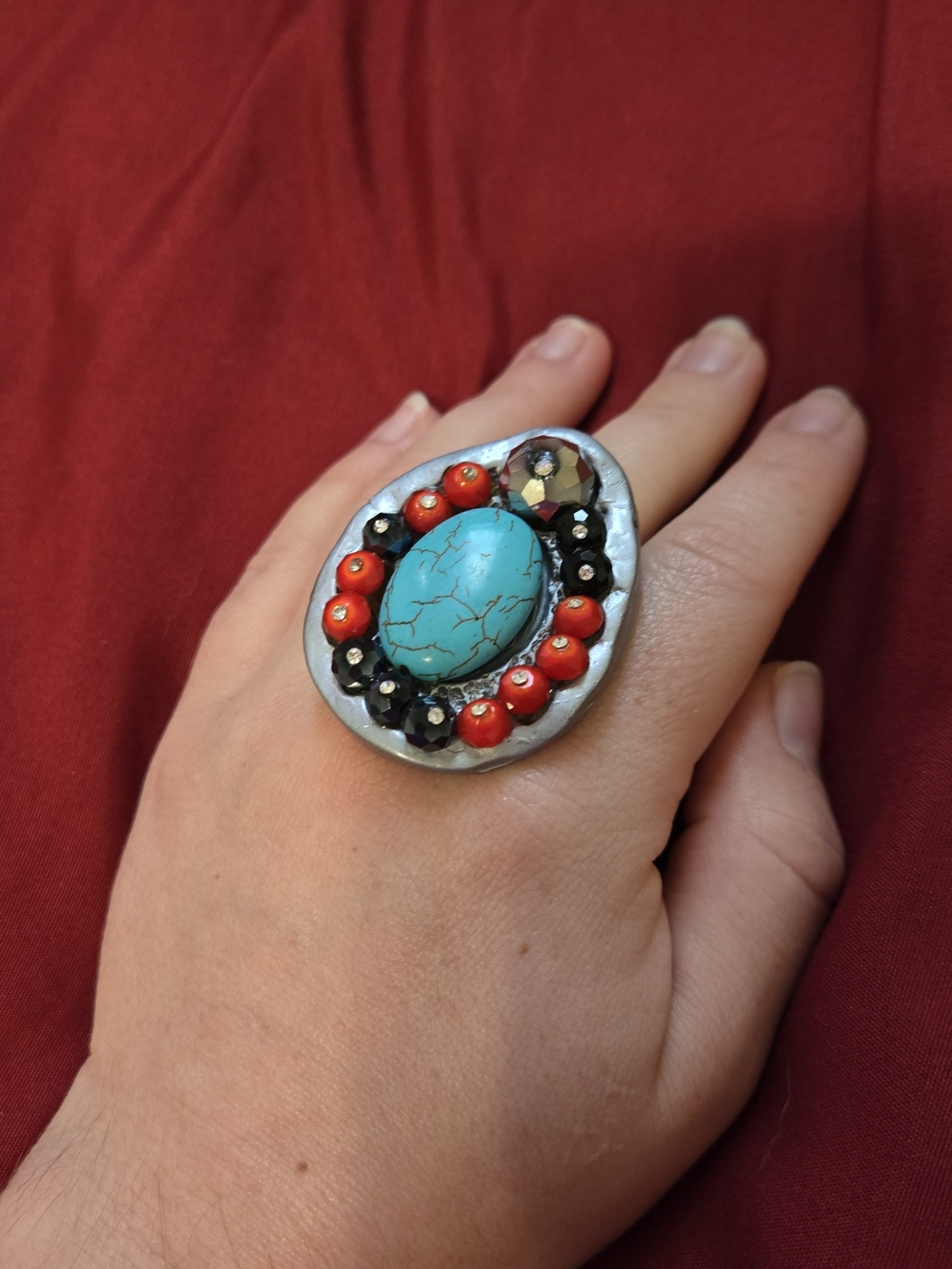 Bohemian Turquoise & Red Beaded Statement Ring - Women's Fashion